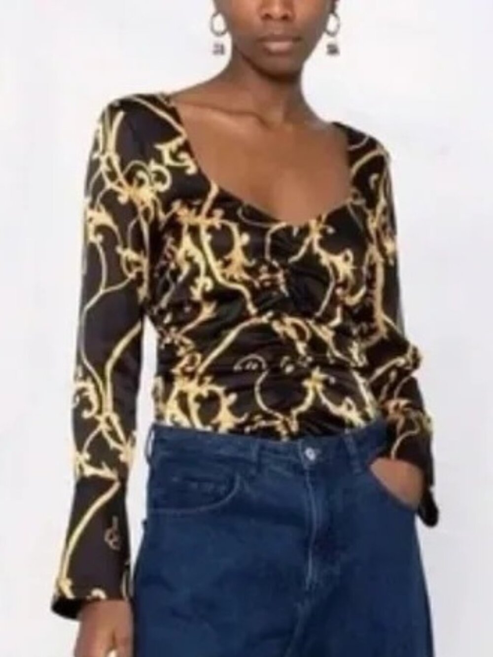 GANNI Silk Stretch Gathered Fitted Baroque Print Blouse EU 36/US S